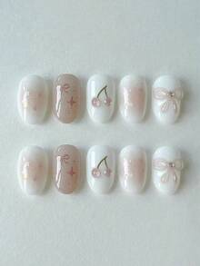 Short Oval French Nude Cherry-Bow Gradient False Nails 10 Pieces For Sweet Style Manicure - White - View 2