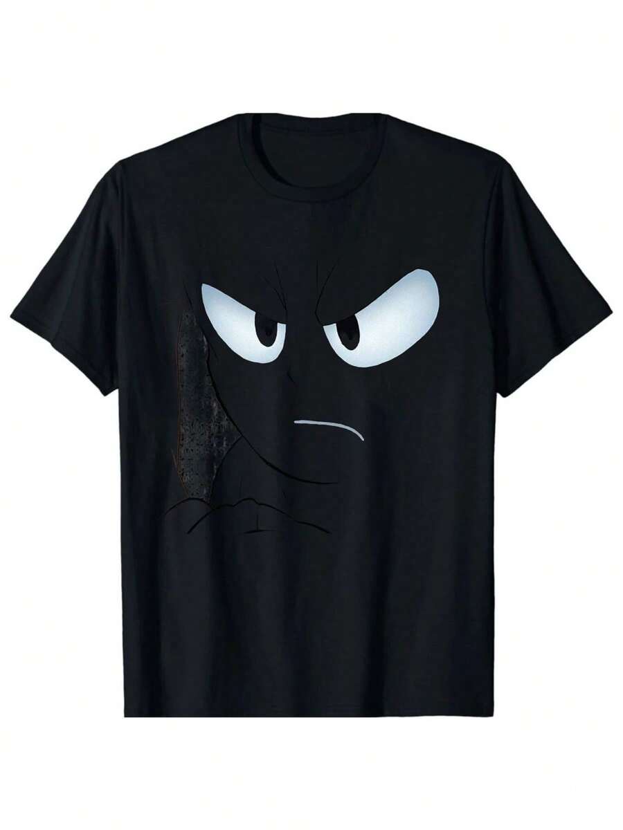 Camiseta 100% Algodón con Diseño de Cara de Dibujos Animados Enojada - Camiseta Gráfica Divertida, Cuello Redondo, Manga Corta, Top Casual Cómodo - Regalo perfecto para Halloween, cumpleaños o cualquier ocasión para hombres, mujeres y adolescentes, disfraz de Halloween, diseño divertido, estampado duradero, ropa unisex, ropa con humor, material transpirable, camiseta estampada, ropa casual diaria para hombres y mujeres. - Negro - Ver 1