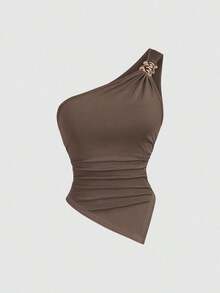 Blusa de unicolor minimalista con cuello asimétrico y hebilla de metal para mujer - Multicolor 10 - Ver 6