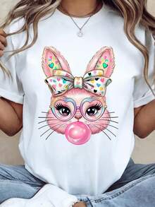 Unisex Easter T-Shirt With Bunny And Bubblegum Heart, Christian Easter T-Shirt, Gift For Christians. Unisex 220g Pure Cotton T-Shirt, Ideal Weight For All Seasons, Suitable For Both Men And Women. Durable, High-Quality Fabric, Soft To The Touch And Long-Lasting. Breathable Top. Suitable For Women's Spring And Summer, Holidays, Mother's Day, Independence Day. - 白色 - 查看 1