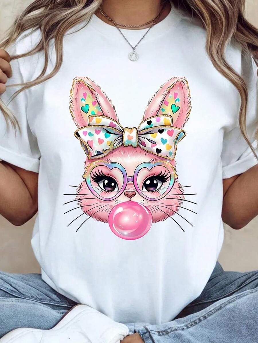 Unisex Easter T-Shirt With Bunny And Bubblegum Heart, Christian Easter T-Shirt, Gift For Christians. Unisex 220g Pure Cotton T-Shirt, Ideal Weight For All Seasons, Suitable For Both Men And Women. Durable, High-Quality Fabric, Soft To The Touch And Long-Lasting. Breathable Top. Suitable For Women's Spring And Summer, Holidays, Mother's Day, Independence Day. - 白色 - 查看 1