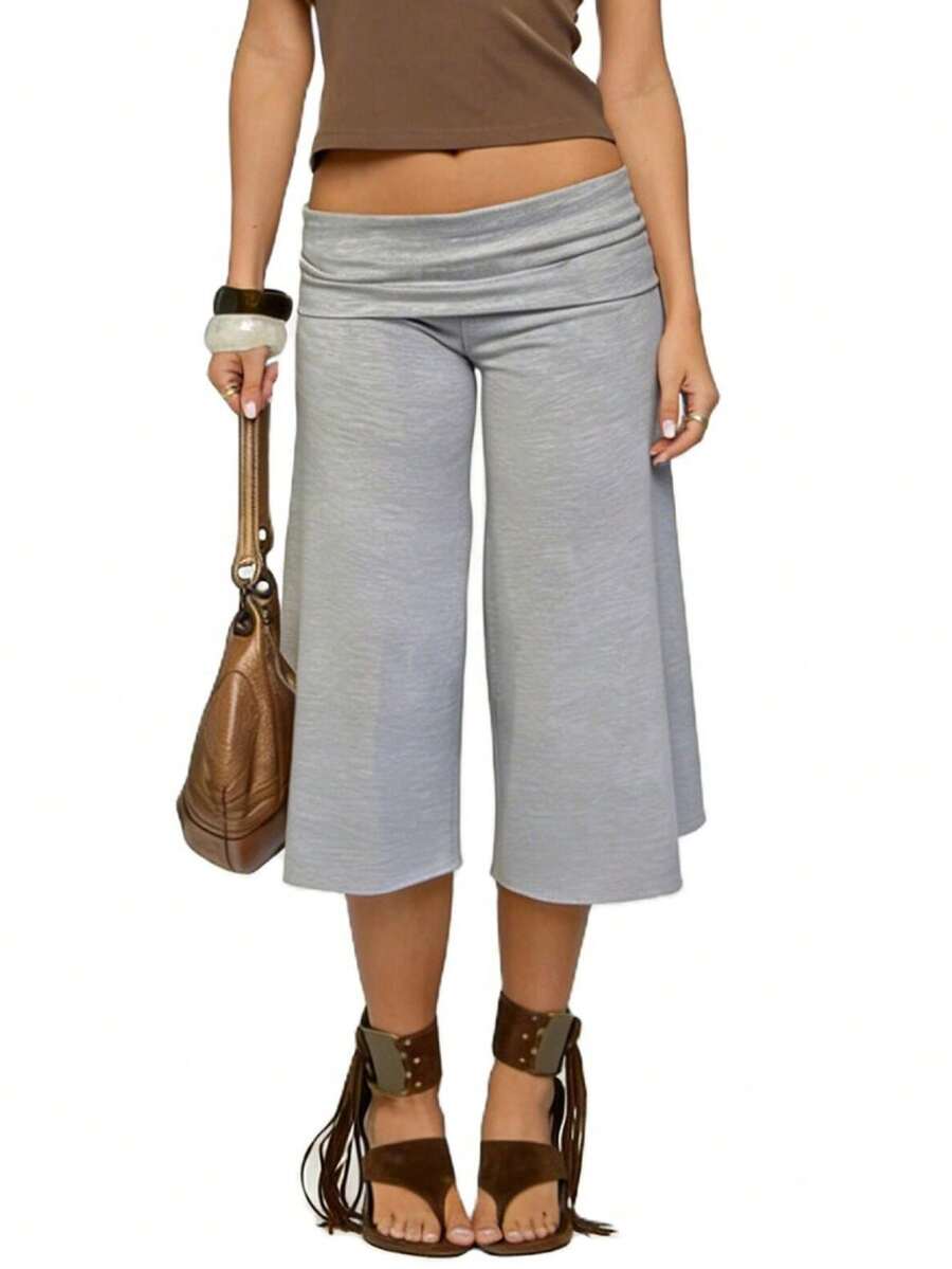 Y2K Fold-Over Waist Wide Leg Cropped Culottes, Low-Rise Casual Knit Pants For Women, Multi-Color Options - Gris Claro - Ver 1