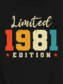Camiseta Casual con Estampado Gráfico para Mujer, Edición Limitada 1981 - Top de Manga Corta de Inspiración Retro Vintage con Rayas y Estrellas Coloridas, Cuello Redondo, Tela de Elasticidad Media, Lavable a Máquina, Tallas S-XXL para Primavera, Verano y Otoño, Camisetas Vintage, Moda de Temporada, Diseño de Inspiración Vintage, Material No Transparente, Atuendo Diario, Estampado Divertido, Tela Transpirable, para Fanáticos del Estilo Urbano - Negro - Ver 3