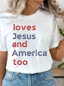 Camiseta "Ama a Jesús y a América también" Patriótica 4 de julio. 220 g, algodón puro unisex. Peso ideal para todas las estaciones, apto para hombres y mujeres. Tejido duradero de alta calidad, suave al tacto y de larga duración. Top transpirable. Adecuado para primavera y verano, vacaciones, Día de la Madre y Día de la Independencia. - Blanco - Ver 1
