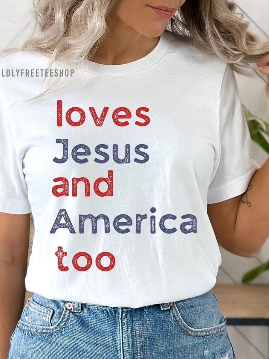 Camiseta "Ama a Jesús y a América también" Patriótica 4 de julio. 220 g, algodón puro unisex. Peso ideal para todas las estaciones, apto para hombres y mujeres. Tejido duradero de alta calidad, suave al tacto y de larga duración. Top transpirable. Adecuado para primavera y verano, vacaciones, Día de la Madre y Día de la Independencia. - Blanco - Ver 1
