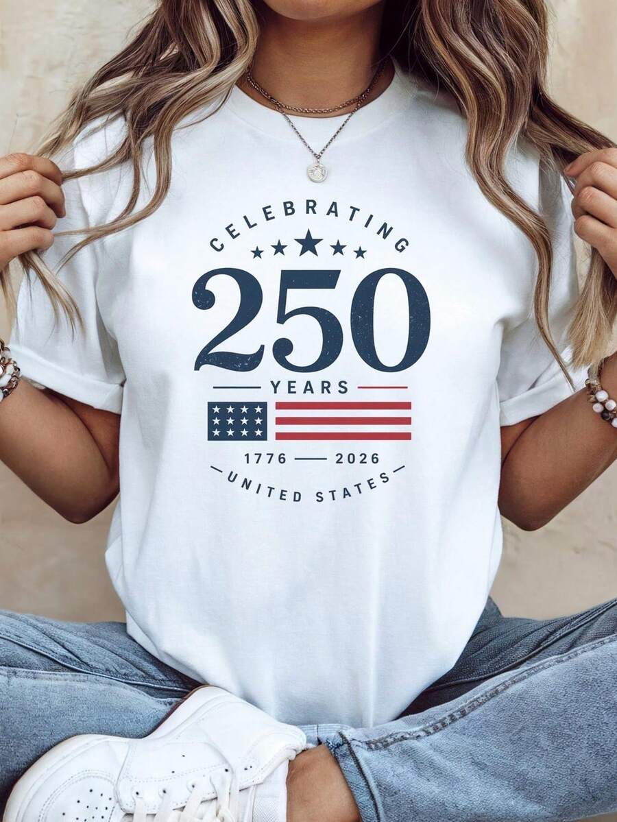 Camiseta del 4 de julio, 250 aniversario de EE. UU., camiseta con bandera patriótica. Camiseta unisex de algodón puro de 220 g. Peso ideal para todas las estaciones, apta para hombres y mujeres. Tejido duradero de alta calidad, suave al tacto y de larga duración. Camiseta transpirable. Adecuada para la primavera y el verano, vacaciones, Día de la Madre y Día de la Independencia. - Blanco - Ver 1