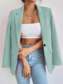 1 pieza Chaqueta ligera de mujer con diseño de solapa y bolsillo casual y holgada, adecuada para primavera y verano - verde menta - Ver 4