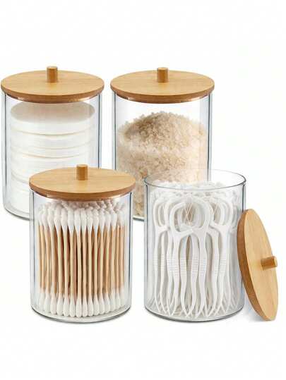 4 Packs Qtip Holder, 10-Ounce Bathroom Organizer Accessories Storage Containers Clear Plastic Apothecary Jars With Bamboo Lids For Cotton Ball, Cotton Swab, Floss