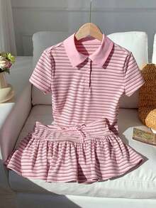 Conjunto de 2 piezas de camiseta de manga corta a rayas y minifalda de moda casual para mujer, primavera/verano 2026.Ropa de mujer de verano, conjunto de playa para el Día de San Valentín, estilo Y2K en color rosa claro - Rosa - Ver 8