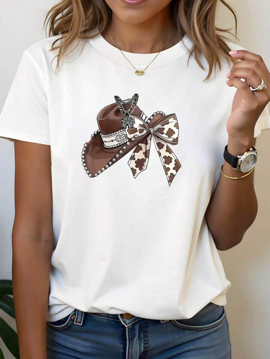 Camiseta de mujer de algodón puro con estampado de sombrero de vaquero estilo occidental y lazo, camiseta de manga corta con cuello redondo para primavera-verano, ideal para compras informales y como regalo de vacaciones, adecuada para reuniones de amigos y para usar en vacaciones. - Blanco - Ver 1