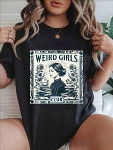 Women's Vintage Style Short Sleeve Casual T-Shirt - Weird Girls Club, Vintage Book And Flower Print, Crew Neck, Summer Top, Machine Washable, Women's T-Shirts, Casual Wear, Modern Style, Comfortable Fit

-WhiteFashion - 黑色 - 查看 7