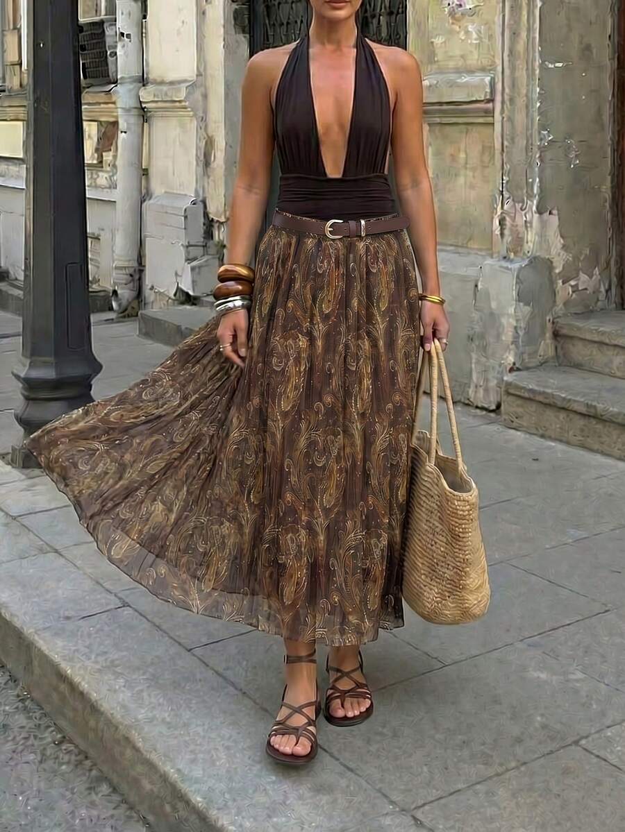 Falda de línea A con estampado floral de anacardo retro para mujer de talla grande, para vacaciones - Café de flores - Ver 1