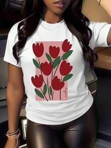 Elegant Women's T-Shirt With Abstract Floral Print, Stylish Round Neck T-Shirt For Casual Wear, Soft And Comfortable Fabric, Vibrant Red Tulip Design, Perfect For Everyday Fashion, It Is A Wonderful Gift Choice With A Unique Pattern And Modern Fit, Ideal For Summer Outfits And Layering, Express Your Personality With This Eye-Catching Top. - 白色 - 查看 2