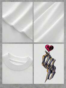 Playera gráfica con mano de esqueleto de corazón.Elegante Playera para mujer con ilustraciones únicas.Perfecta para uso informal.Tejido de mezcla de algodón moderno y cómodo.Disponible en varios tamaños para un ajuste perfecto. - Blanco - Ver 4