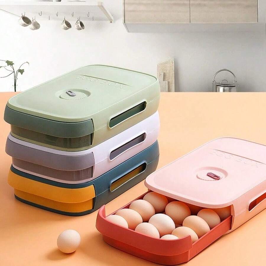 1pc Plastic Stackable Egg Holder Storage Box, Drawer Rolling Refrigerator Eggs Organizer, Space Saver Container, Fresh-Keeping Egg Tray, Kitchen Accessories - Multicolor - View 1