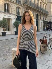 Camisole sans manches à rayures avec ourlet asymétrique pour femmes - Débardeur décontracté ajusté à la taille, convient pour le port quotidien décontracté en été - Gris - Voir 3