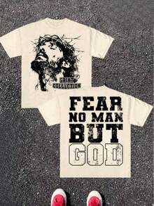 Camiseta de manga corta de algodón puro para hombre, Serie Saint, diseño de la corona de espinas de Jesús, estilo urbano, elegante y holgada, con estampado "No temas a nadie más que a Dios", de alta calidad, a la moda, suave y cómoda, informal de verano, transpirable, camiseta básica versátil, adecuada para regalos de vacaciones, fiestas, celebraciones y uso diario. Conjuntos de Verano para Mujer - Estilo Urbano Vintage, Camiseta Unisex de Algodón Holgada de Manga Corta con Cuello Redondo, Blusas para Mujer. blusas.blusas casuales para dama. - Albaricoque - Ver 1