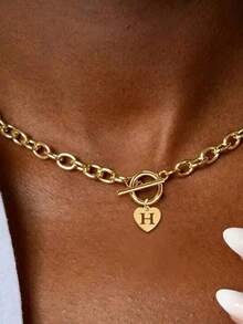 1 pieza Collar con colgante de letra en forma de corazón de acero inoxidable con cierre en T, uso de moda para mujeres en fiestas, evento de Ramadán - Estilo 3 - Ver 7