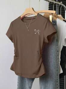 Camiseta ajustada con estampado de lazo para mujer, estilo versátil y elegante para el verano, vuelta al colegio, uso diario, fiesta, cita, que atrae mucha atención - Multicolor - Ver 4
