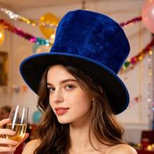 Velvet Vintage Dramatic All Seasons Top Hat, Distressed Texture, Relaxed Fit, Perfect For Themed Party, Halloween Cosplay, Stage Performance - Dark Blue - View 5