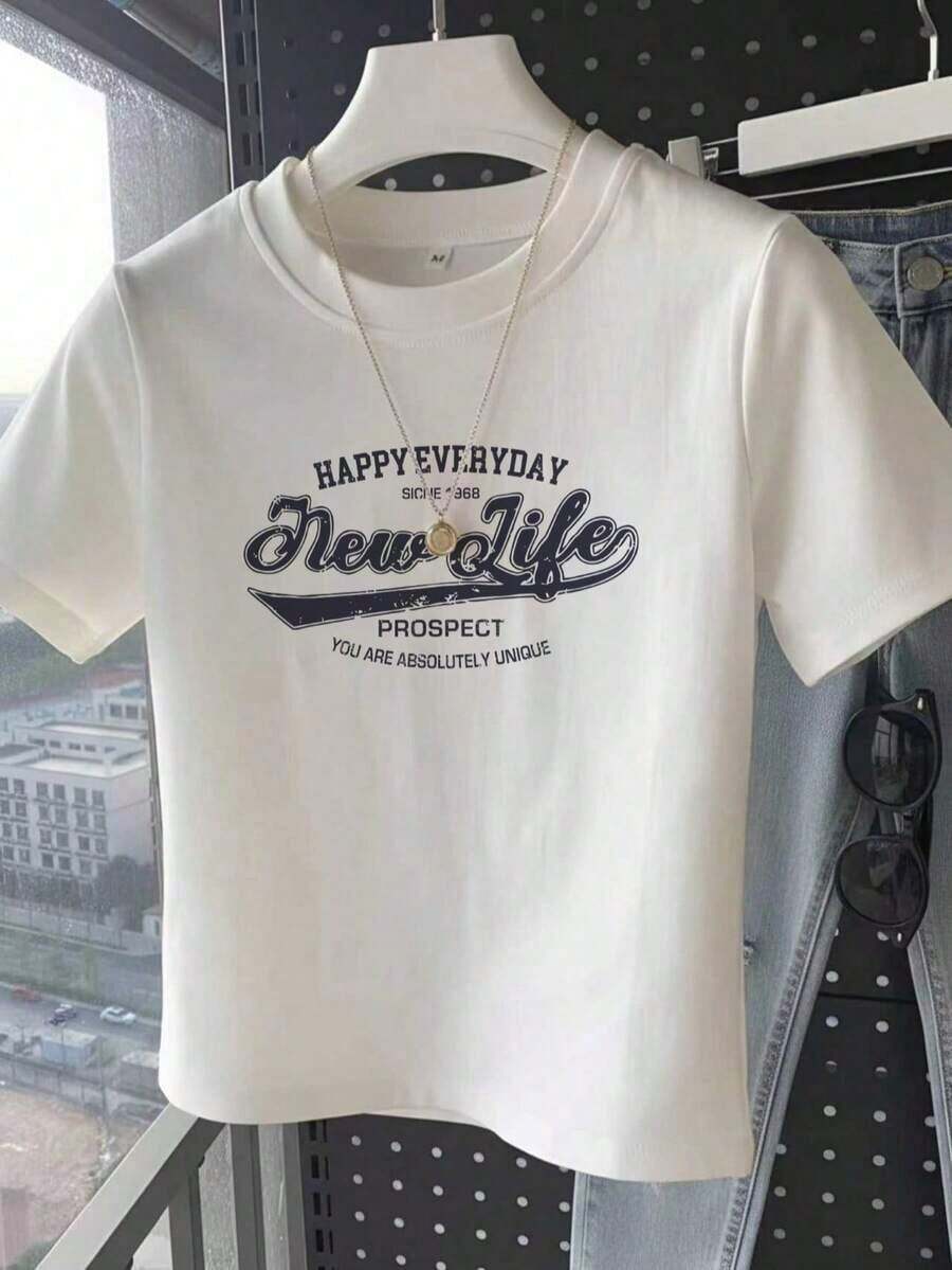 Camiseta Casual Personalizada de Manga Corta para Mujer, Diseño Recortado, Efecto Adelgazante, Estilo Moderno, Versátil para Verano, Vacaciones, Blanca, Estilo Vintage Urbano, Camiseta Holgada de Algodón con Cuello Redondo y Manga Corta - Blanco - Ver 1