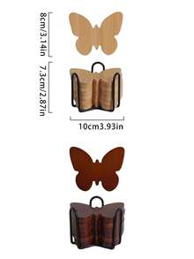 6pcs Butterfly Wooden Coaster Set: Natural Wood Butterfly-Shaped Coasters With A Black Metal Storage Rack. - Multicolor - View 7