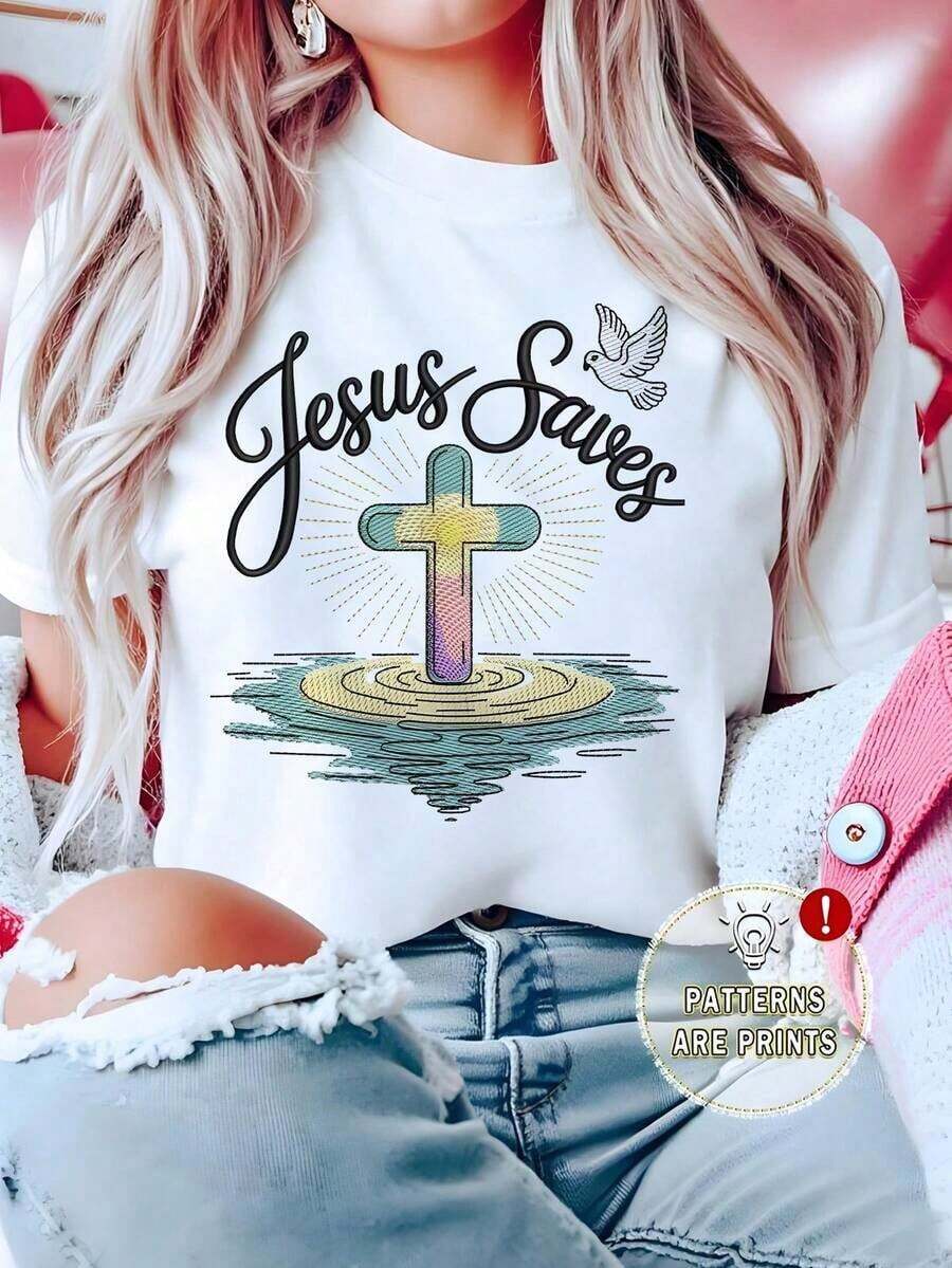 Women's White T-Shirt With Colorful Cross Graphic And "Jesus Saves" Phrase, Inspirational Christian Faith Aesthetic T-Shirt, Modern Spiritual Religious Top, Casual Blouse For Church, Pretty Blouses, 100% Cotton - 白色的 - 查看 1
