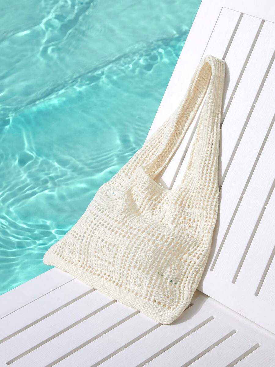 Trivaya Minimalist Crochet Hollow Design Tote Bag, Large Capacity And Portable, Suitable For Teenagers, Women, College Students, Office Ladies, Ideal For Vacation, School, Travel, Outdoor Activities. Perfectly Matches Beach Accessories, One Of The Most Popular Beach Bags For Ladies, And A Must-Have Beach Essential. This Bag Is Highly Suitable For Summer, Vacation And Beach Use, The Latest Holiday Bag. , Crochet, Vacation - Apricot - View 1