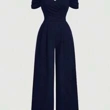 MOD Plus Size Women's Solid Color Off Shoulder Ruched Simple Casual Velvet Skinny Jumpsuit, Women Jumpsuit, Princess Women Costume, New Year, Valentine Women Clothes Women Dresses Birthday Women Summer Clothing Woman Summer Clothes Women Casual Dress - Azul Marino - Ver 1
