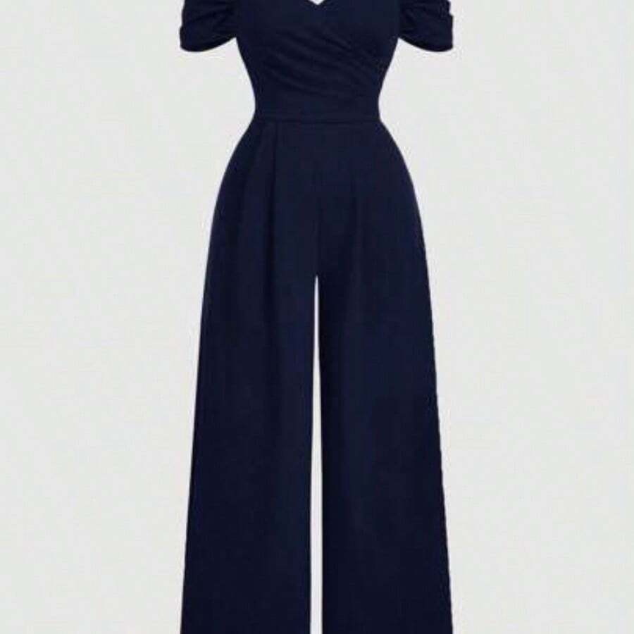 MOD Plus Size Women's Solid Color Off Shoulder Ruched Simple Casual Velvet Skinny Jumpsuit, Women Jumpsuit, Princess Women Costume, New Year, Valentine Women Clothes Women Dresses Birthday Women Summer Clothing Woman Summer Clothes Women Casual Dress - Azul Marino - Ver 1