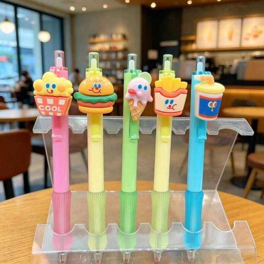 SpongeBob SquarePants 1/3/5件套可爱3D卡通快餐主题中性笔，薯条和汉堡图案学生文具 - 圓形 - 查看 1