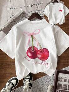 Camiseta de manga corta de cuello redondo con estampado de cerezas, casual de verano para mujer - Negro - Ver 6