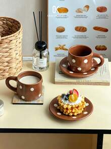 1pc Vintage Polka Dot Japanese Kiln-Fired Ceramic Coffee Cup & Saucer Set, Creative Mug, Afternoon Tea Dessert Plate - Multicolor - View 5