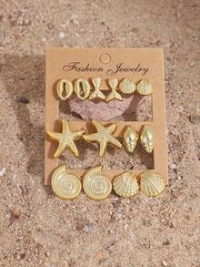 1/7 Pairs Gold-Plated Starfish, Shell, Seashell, Fish Tail Shaped Earrings Set, Beach Accessories, Women Summer Jewelry - Yellow Gold - View 10