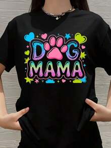 Camiseta Dog Mama con diseño colorido de huellas de pata para amantes de los perros, ropa casual de verano para mujeres, idea de regalo para dueños de mascotas, camiseta gráfica divertida y linda. - Negro - Ver 7