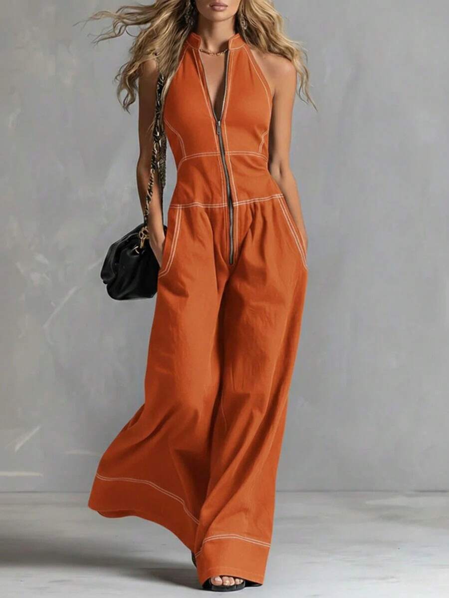 Mono nuevo para mujer, cuello mao, sin mangas, estilo casual, corte holgado, diseño favorecedor, versátil para oficina, looks de día y ocasiones informales - Naranja - Ver 1