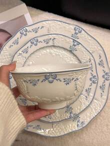 Cabin Kangaroo 1pc French Vintage Style Tableware, Exquisite Craftsmanship, Blue Tone, Ruffled Edge Design, Embossed Ceramic Technique, Dessert Bowl, Breakfast Bowl, Soup Plate, Showcasing French Charm, Elegant Dining Experience. - Multicolor - View 2
