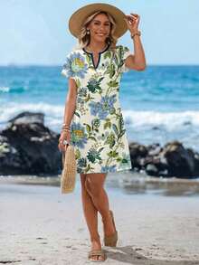 Vestido corto minimalista casual con cuello en V, adecuado para primavera y verano, ropa de verano para mujer, a rayas de colores, ropa de resort para mujer - Multicolor - Ver 4