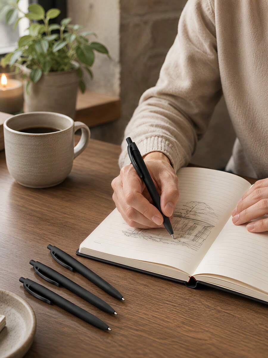 12pcs Matte Black Retractable Ballpoint Pens; Easy-To-Use Button Design; Minimalist Style; Retractable & Portable; Comfortable Grip; Smooth Writing; Ideal For Back To School; Suitable For Bulk Purchase In School And Office - Simple Black Ballpoint Pen - View 1
