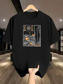 200g Cotton T-Shirt - Short Sleeve, Crew Neck, Regular Fit, Unique Print, Ideal For Casual Wear And Outdoor Fashion - 黑色 - 查看 1