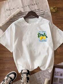 Women's Summer Shirt With Lemon Stripe Pattern Printed Front And Back Casual Round Neck Short Sleeve Daily Wear Holiday Summer - White - View 3