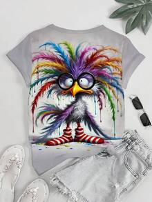 Camiseta manga corta cuello redondo 100% algodón, estampado trendy, tejido ligero y ventilado, estilo moda casual, apta para vida diaria, salidas informales y citas en primavera, verano y otoño - Gris Claro - Ver 4