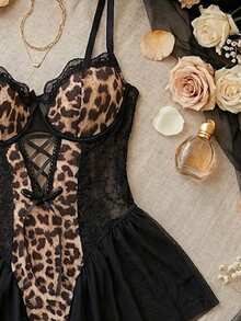 SOFUSEN Spring And Summer Leopard Print Halter Dress, Tulle Hot Sleeping Dress, Pure Sensual Sensual One-Piece Dress, Suitable For Casual Occasions - Multicolor - View 2