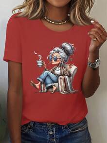 Top femenino manga corta cuello redondo en algodón puro, diseño estampado moderno, tela fresca y aireable, prenda versátil para look casual, ocasiones diarias y encuentros sociales todo el año - Rojo - Ver 8