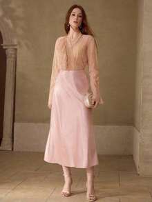 PREMIUM FALDA SATINADA ELEGANTE Y MINIMALISTA DE CORTE A PARA MUJER, PRIMAVERA/VERANO - Rosa - Ver 5