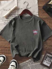 Teen Boy Casual Funny Print Crew Neck Short Sleeve T-Shirt, Summer Top - Dark Grey - View 4