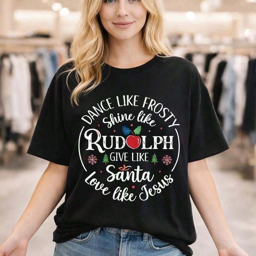 Women's Plus Size Cotton Christmas Print T-Shirt, M-5XL, With The Print "Dance Like Frosty, Shine Like Rudolph, Give Like Santa, Love Like Jesus", Loose Fit, Short Sleeve, Casual Style For Christmas Parties. - 黑色 - 查看 1