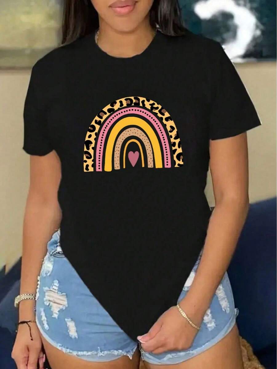Camiseta de manga corta con cuello redondo y corte holgado para mujer, con estampado de rayas de leopardo y arcoíris, para primavera y verano - Negro - Ver 1