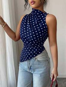 Raffinéa Camiseta de tirantes ajustada con dobladillo asimétrico y lunares rojos para mujer - Azul marino - Ver 3