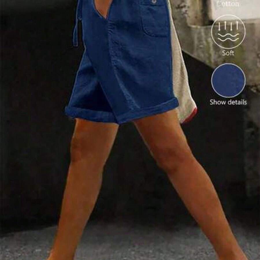Women's Casual Solid Color Minimalist Drawstring Shorts - Azul - Ver 1
